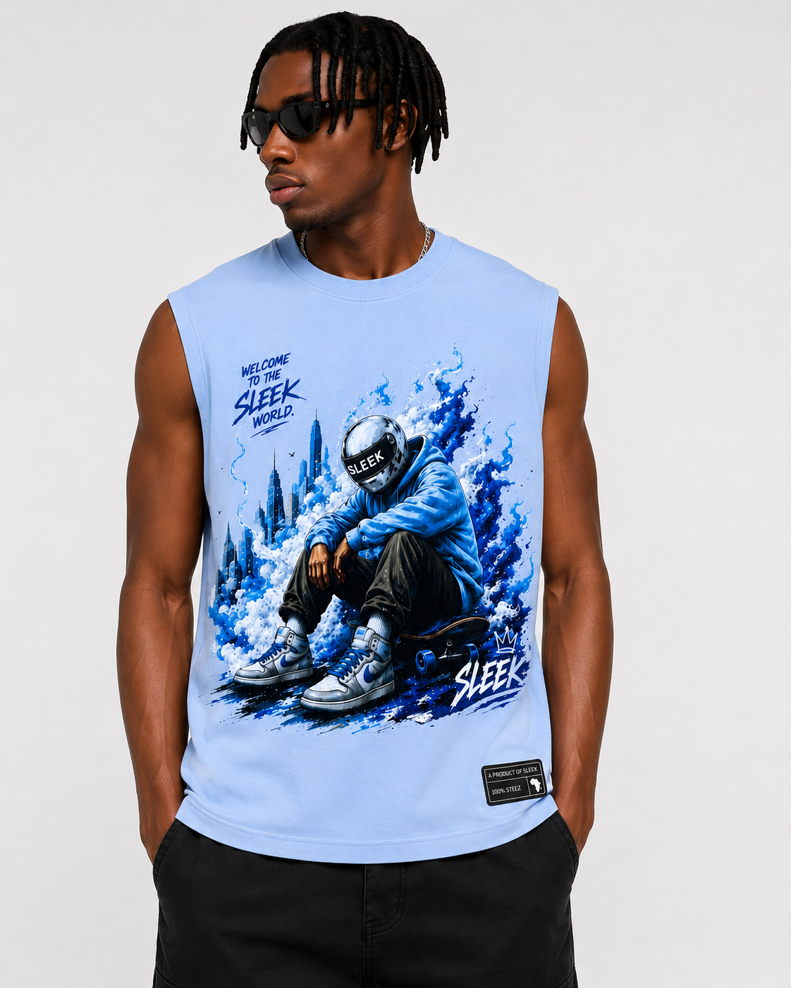 Sleek Flame Rider Sleeveless Tee – Sky Blue - Image 2