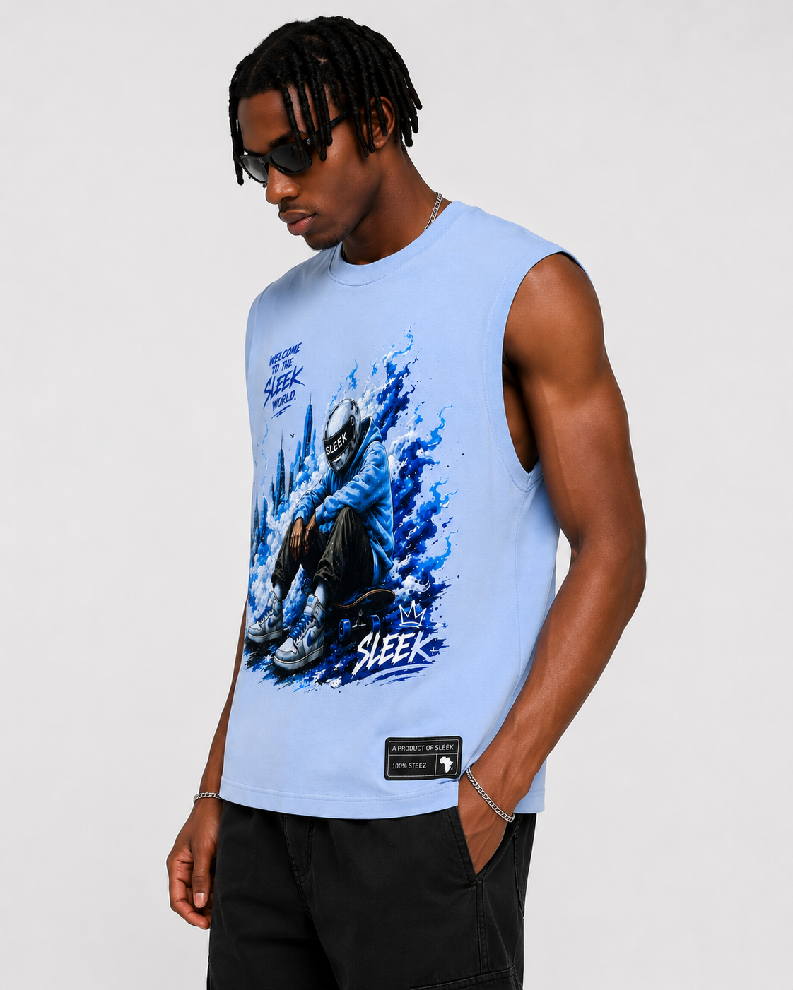 Sleek Flame Rider Sleeveless Tee – Sky Blue - Image 7