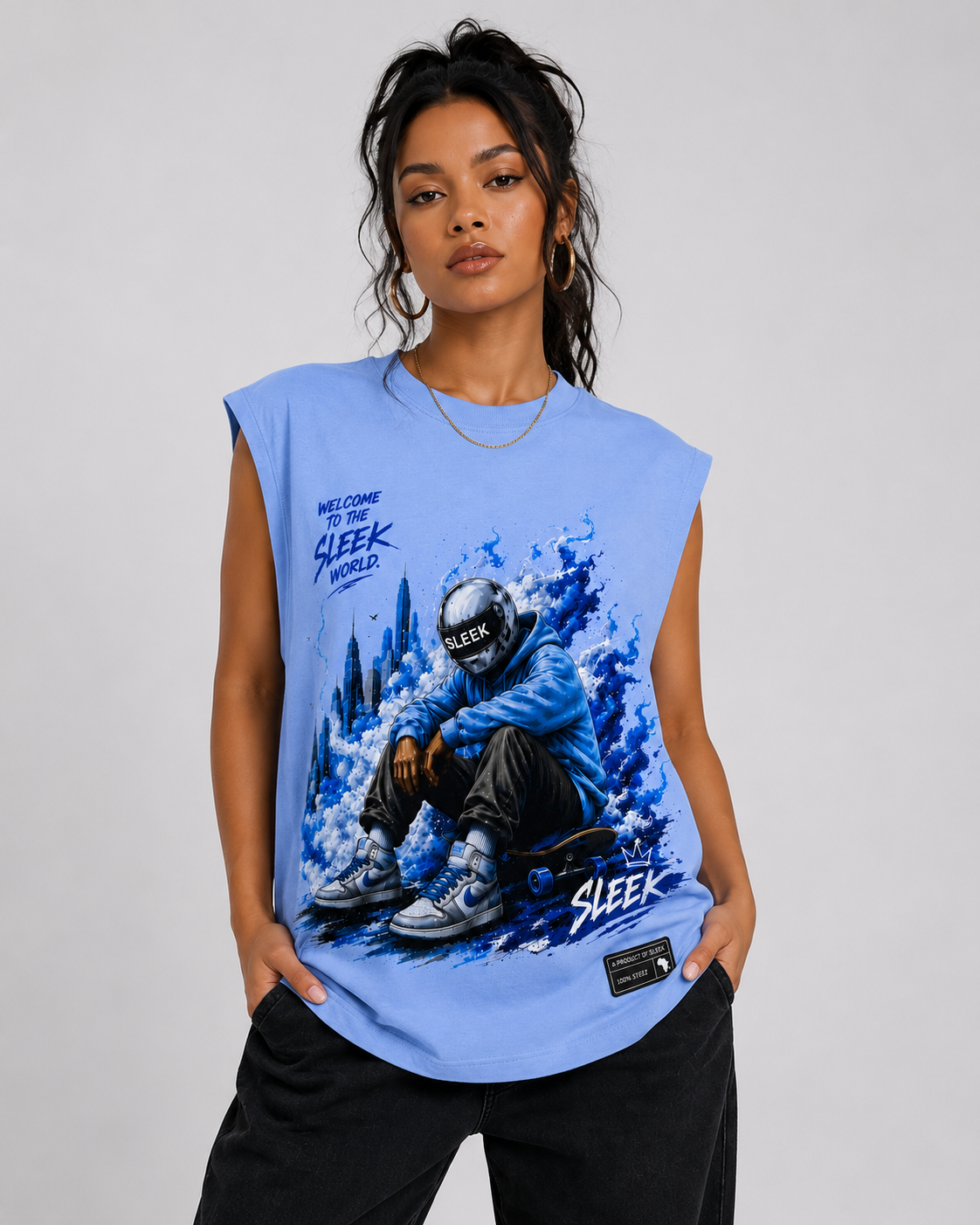 Sleek Flame Rider Sleeveless Tee – Sky Blue - Image 3