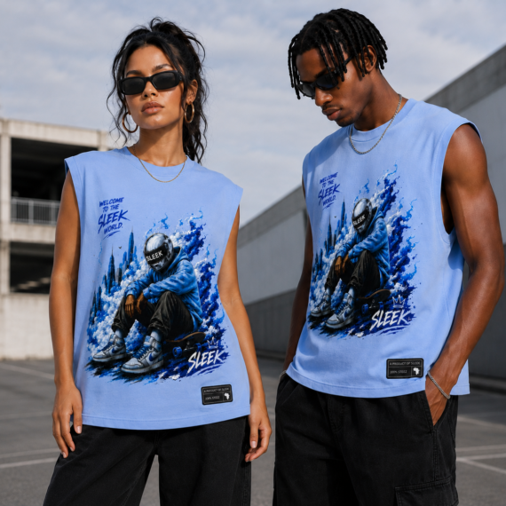 Sleek Flame Rider Sleeveless Tee – Sky Blue