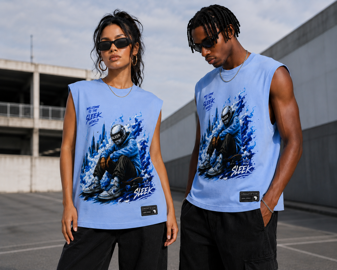 Sleek Flame Rider Sleeveless Tee – Sky Blue